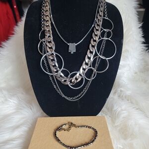 Lot of 3 Gunmetal Toned Necklaces & 1 Gunmetal Toned Bracelet